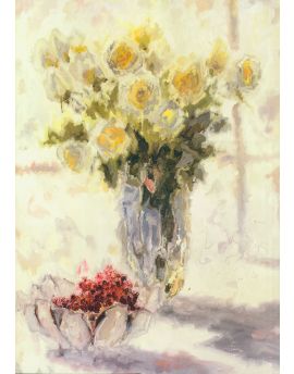 Glass Vase Of Yellow Flowers And Grapes