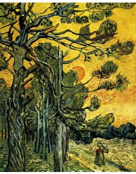 Pine Trees Against A Red Sky With Setting Sun by Vincent Van Gogh