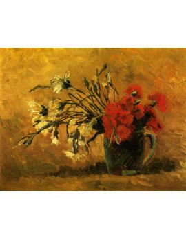 Vase With Red And White Carnations On A Yellow Background 1886 by Vincent van Gogh
