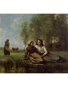 Two Cowherds In A Meadow By The Water by Camille Corot