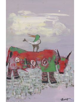 Water Buffalo And Bird By Chen Dejun