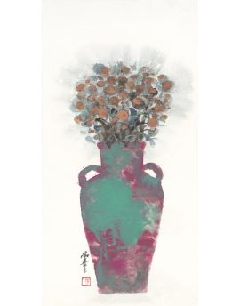 Green Vase With Flowers By De Yi