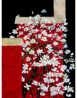 White Flower Tree Between Red Houses