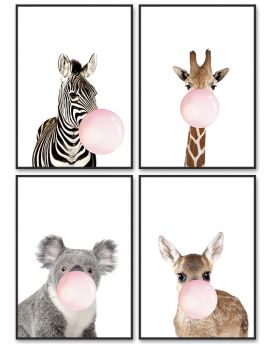 4 Panels Of Pink Bubble Gum Animals