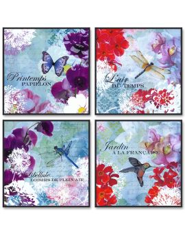 4 Panels Of Butterfly,Dragonflies,Hummingbird With Flowers