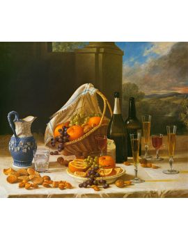 Still Life Of Fruit Baskets,Wine Bottles And Glasses And Pot
