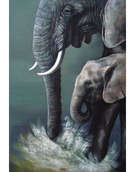 Mother And Child Elephants Playing Water