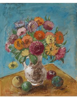 Table, Apple, Jug Of Flowers By Franz Von Zulow