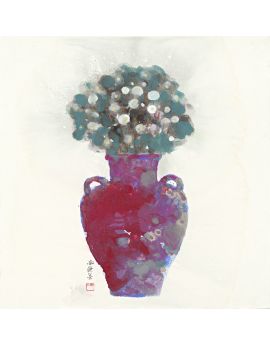 Red Vase With Flowers By De Yi