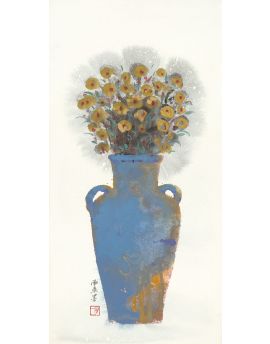 Blue Vase With Yellow Flowers By De Yi