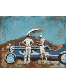 Couple Driving Blue Car On Vacation