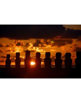 Statues On Easter Island At Sunset