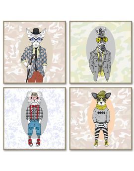 4 Panels Of Cartoon Animal Men