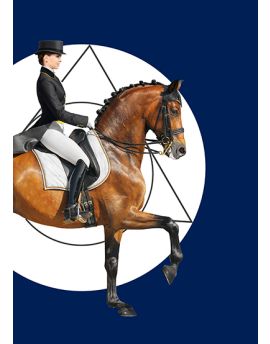 Dressage Chestnut Horse And Rider On Blue Background