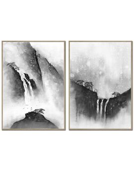 2 Panels Of Chinese Traditional Ink Painting-Waterfall