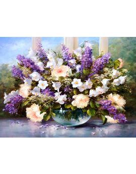Glass Bowl Of Purple And White Flowers