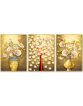 3 Panels Of Vases Of Pink Flowers