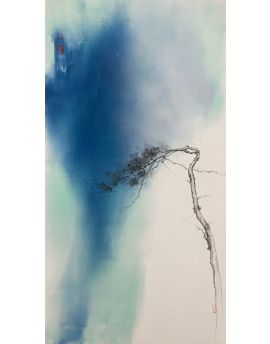 A Pine Tree In Dark Blue Mist