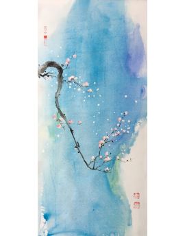 Pretty Pink Plum Blossom In Blue Mist